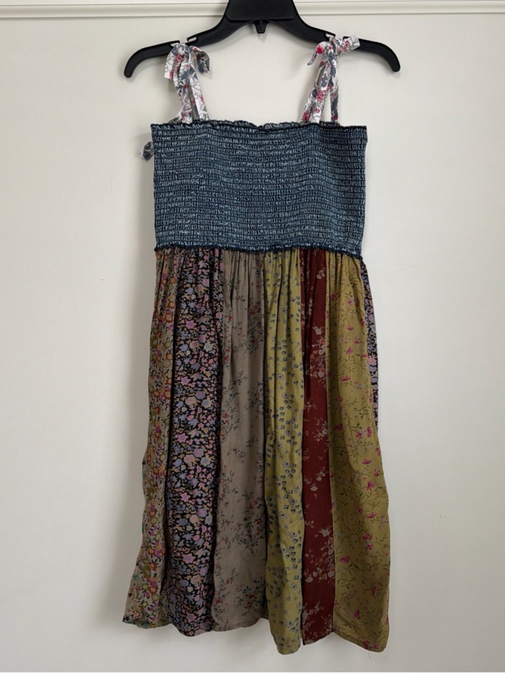 Young Threads Patchwork Smocked Tie-Bow Spaghetti Strap Midi Dress L NWT